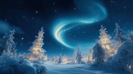 Naklejka premium Enchanted Winter Forest, Aurora Borealis Night
