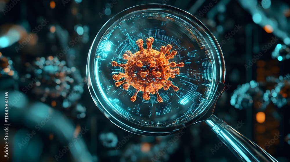 Poster magnified virus visualization with futuristic data elements and digital technology concept, highligh