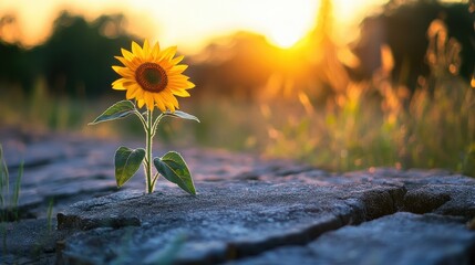 Single Sunflower Growing from Crack in Concrete at Sunset