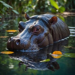 Fototapeta premium A pygmy hippopotamus in a bright, tropical jungle pool with multicolored reflections.