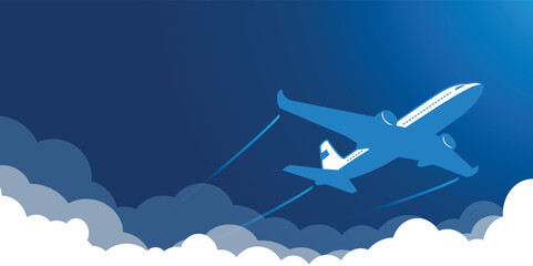 Airplane in the blue sky flying above the clouds. Vector background template for webpage header, travel advertisement