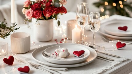 Fototapeta premium Romantic Valentine s Day Dinner Table Setting with Red Roses Candles and Champagne