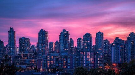 Fototapeta premium A beautiful cityscape at dusk, with tall buildings silhouetted against the colorful evening sky and city lights turning on.