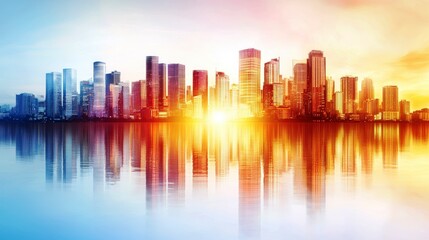 Fototapeta premium Climate action community efforts concept. Vibrant city skyline at sunset with reflections on water.