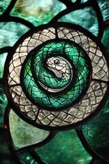 Stained glass window texture of elegant snake in the center, spiraling around itself with emerald green and silver details. The background is richly textured pattern of geometric shapes. 2025 year.