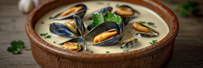 A bowl of mussels in creamy sauce garnished with herbs, showcasing a delicious seafood dish.