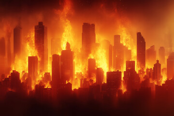 Obraz premium Cityscape in Flames with Dramatic Red Skies