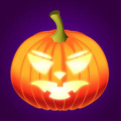 Glowing Halloween pumpkin on a dark purple background