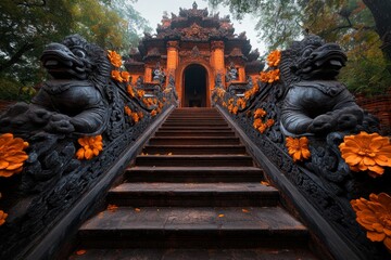 An elaborate staircase leading to an ubosot, decorated with detailed naga sculptures and floral carvings