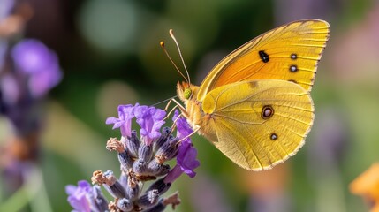 Naklejka premium A butterfly resting on a lavender flower in a garden, with soft lighting and blurred flowers in the background.