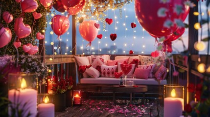 Romantic balcony decorated for Valentine's Day with red and pink balloons, heart-shaped garlands, soft candlelight, cozy seating area with floral decorations, creating peaceful, intimate atmosphere.