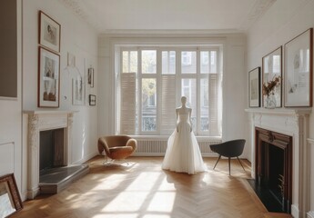 Fototapeta premium A woman in a white dress stands in front of a fireplace in a room with a lot of