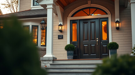 Residential House Entrance with Dark Door and Exterior Lighting