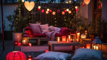  Romantic balcony decorated for Valentine's Day with red and pink balloons, heart-shaped garlands, soft candlelight, cozy seating area with floral decorations, creating peaceful, intimate atmosphere.