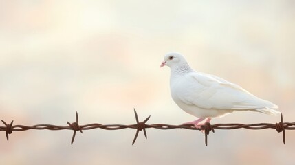 White Dove on Barbed Wire in Soft Natural Light