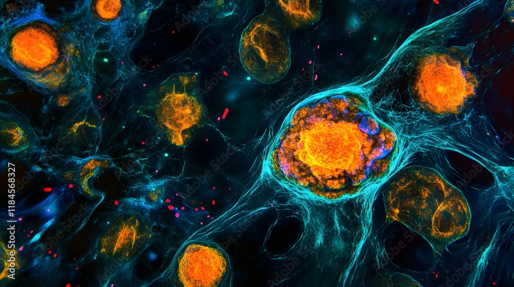 Aufkleber close-up visual representation of microscopic cells with vibrant orange and blue details showcasing 