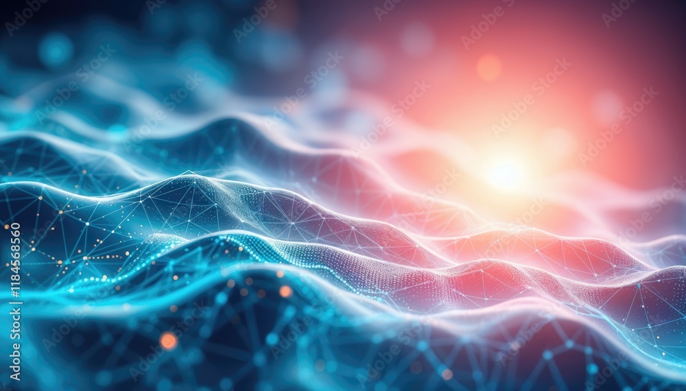 Poster abstract digital landscape with glowing nodes and interconnected lines forming wavy pattern cool blu