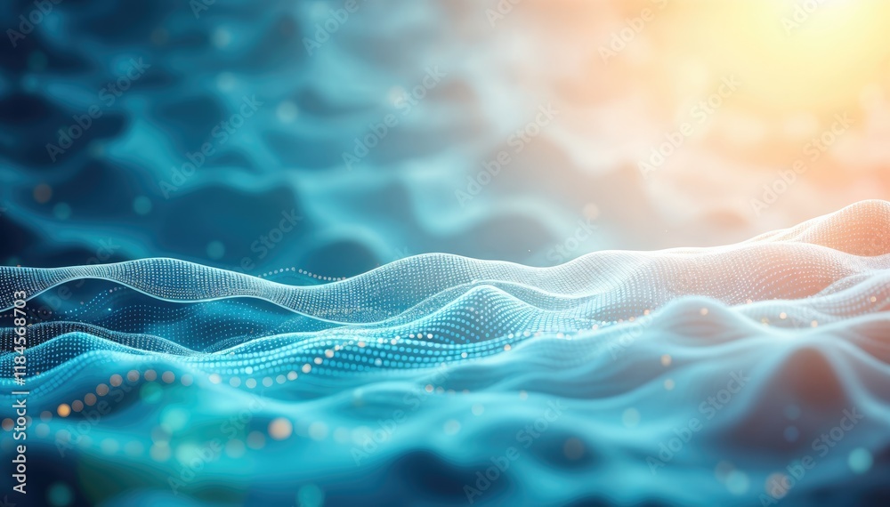 Poster abstract blue wave pattern glowing particles digital art background