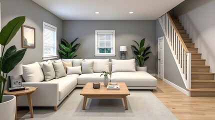 Fototapeta premium Basement Design Featuring Modern Furniture, Neutral Tones, Indoor Plants, and Cozy Minimalist Aesthetic for Relaxation