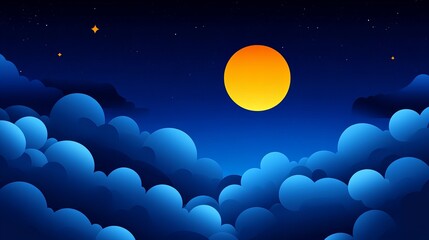 A vibrant illustration of a night sky, featuring a large, bright orange moon and fluffy blue clouds.