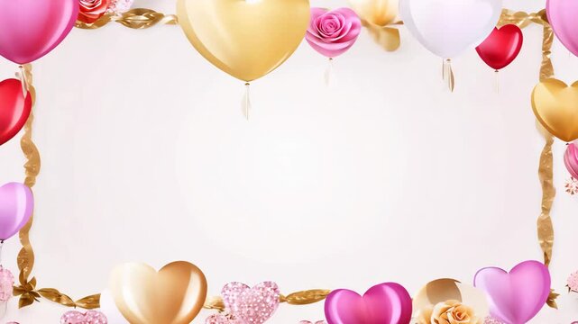 Golden ribbons, heart shaped balloons, and pink roses create a festive frame, perfect for valentine's day projects.