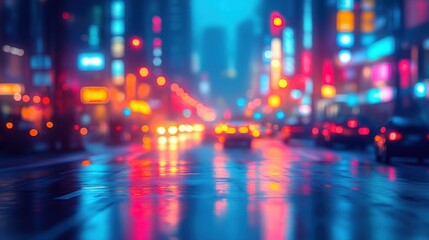 Fototapeta premium Blurry city street at night, rain reflecting vibrant neon lights.