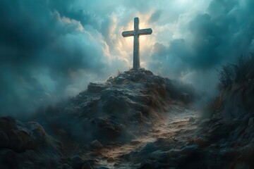 Naklejka premium dramatic religious artwork depicting ancient golgotha hillside with divine light breaking through storm clouds around sacred christian cross symbol