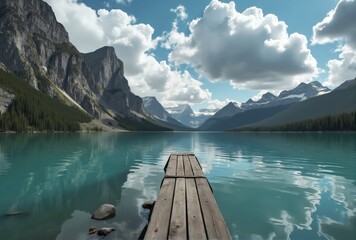 Wooden Dock on Mountain Lake with Cloud Cover