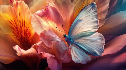 A close-up of a butterfly sipping nectar from a vibrant flower, with the soft petals and wings in sharp focus.