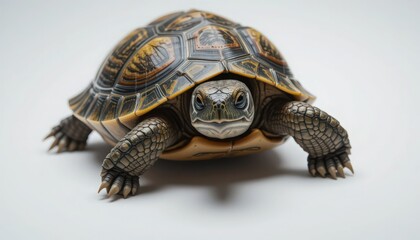 Obraz premium Close-up of a curious young tortoise against a white background.