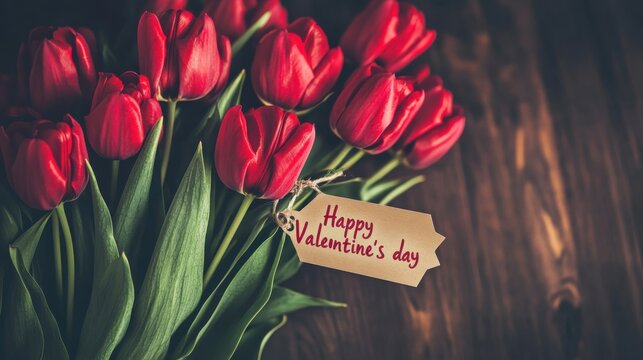 Beautiful bouquet of red tulips with a tag wishing happy Valentine's day on a rustic wooden background