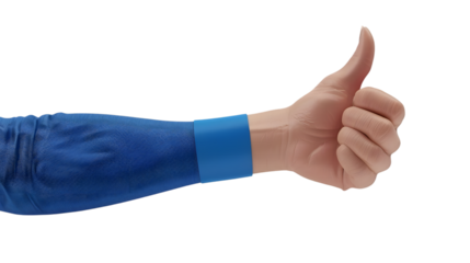 Hand in blue glove showing approval thumbs up sign isolated on white background