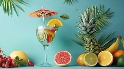 A cocktail glass with tropical fruits and umbrella 