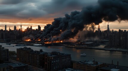 Naklejka premium Thick Black Smoke Rising Dramatically into the Sky