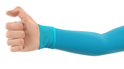 Hand in blue glove showing approval thumbs up sign isolated on white background