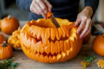 Halloween Pumpkin Carving Process with Female Hands