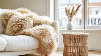 Beige Fur Throw on a Light Cream Sofa