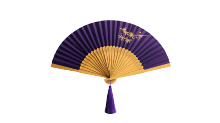 Traditional fan with intricate golden patterns in rich purple color, perfect for cultural events and decoration