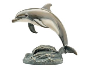 dolphin statue jumping over rocks, showcasing elegance and grace. This decorative piece captures beauty of marine life, perfect for home or office decor