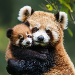 Obraz premium Cuddling wildlife families adorable red pandas in nature close-up forest environment heartwarming concept