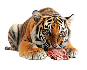 Obraz premium tiger eating piece of meat, showcasing its powerful physique and striking features. animal intense gaze and vibrant fur highlight its natural beauty and strength