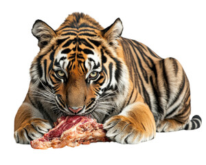 Fototapeta premium A tiger eating piece of meat, showcasing its powerful features and striking fur patterns. image captures essence of this majestic animal in natural pose