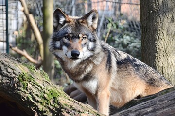 Fototapeta premium Wolf in Forest Habitat: Majestic Canine Gazes Intensely
