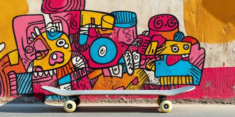 Sticker mockup on a skateboard, featuring bold street art graphics and a vibrant urban setting