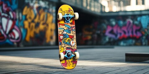 Sticker mockup on a skateboard, featuring bold street art graphics and a vibrant urban setting