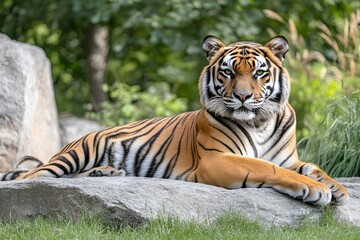 Obraz premium Majestic Tiger Resting on Rock, Wild Cat in Nature Habitat