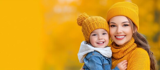 Obraz premium Mother's Day greeting with a cheerful mother and daughter on a pink banner, including space for a message.