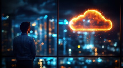 Businessman gazing at fiery cloud computing symbol over cityscape at night.