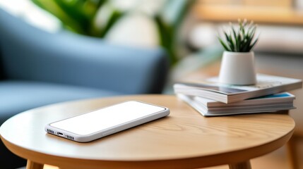 A smartphone rests on a wooden table next to magazines and a small potted plant.