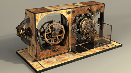 Fototapeta premium Intricate clockwork mechanism encased in ornate wooden display.